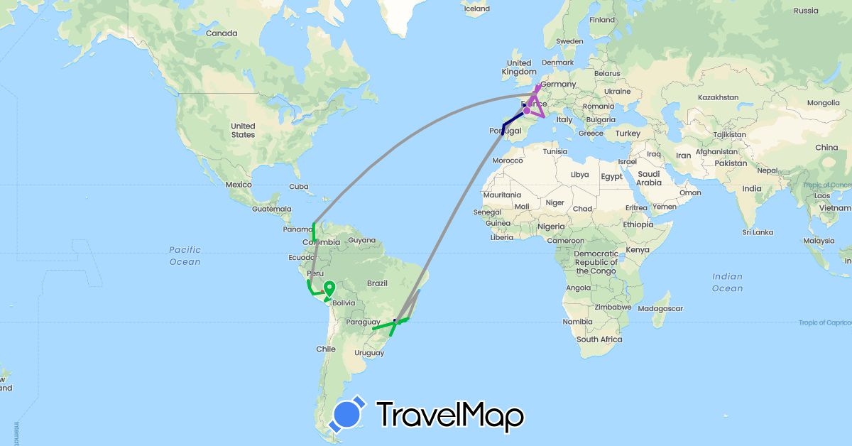 TravelMap itinerary: driving, bus, plane, train, hiking, boat in Belgium, Brazil, Colombia, France, Peru, Portugal (Europe, South America)